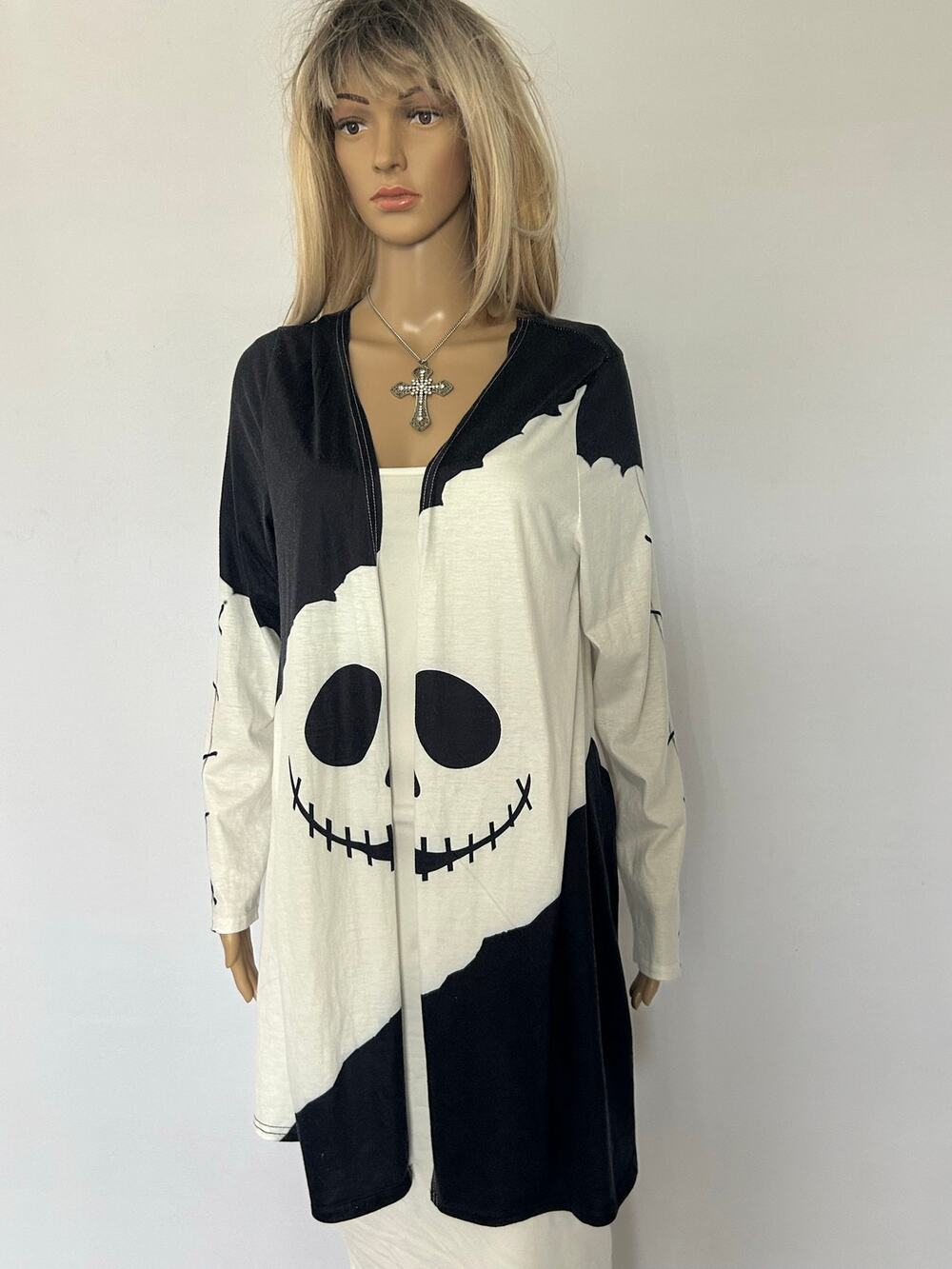 Jack Skellington Skeleton Open Front duster XL Black White Halloween Goth